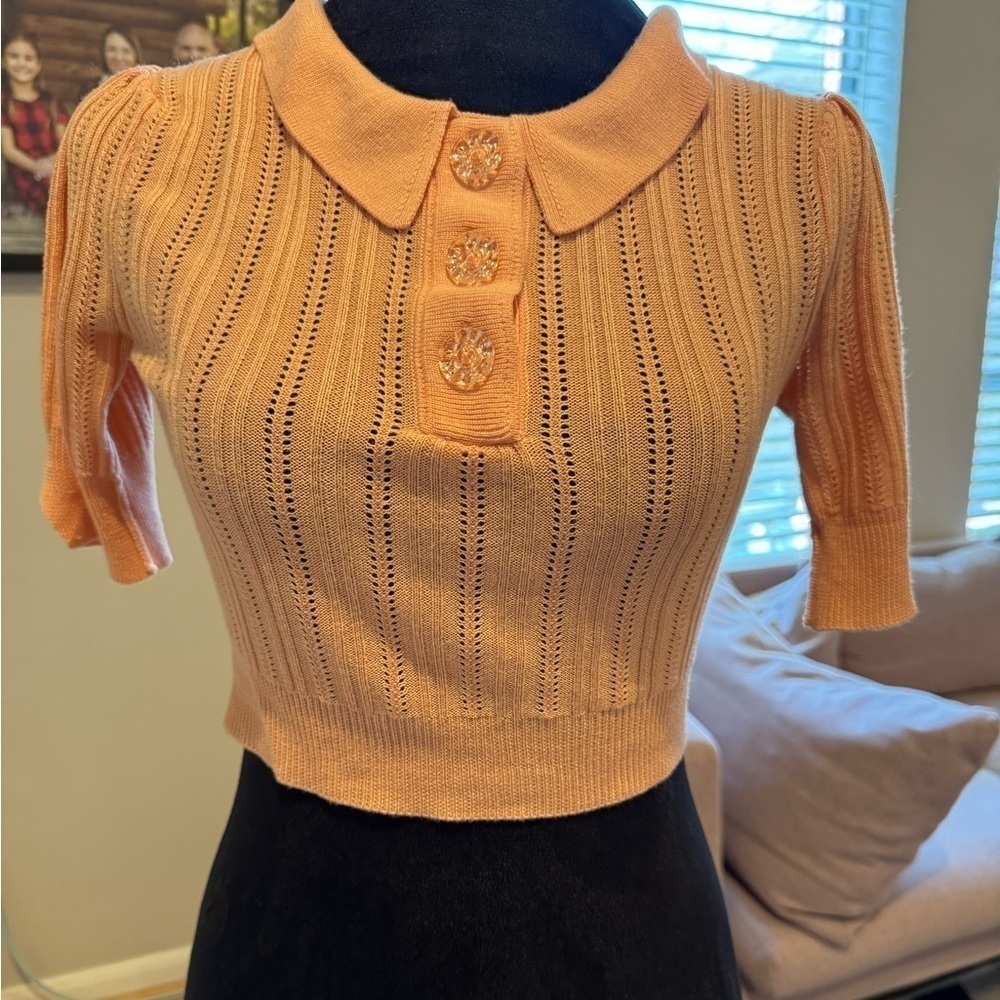 FOR LOVE AND LEMONS Phoebe Pointelle Polo Sweater Sherbert Size Small VGUC - Picture 4 of 7